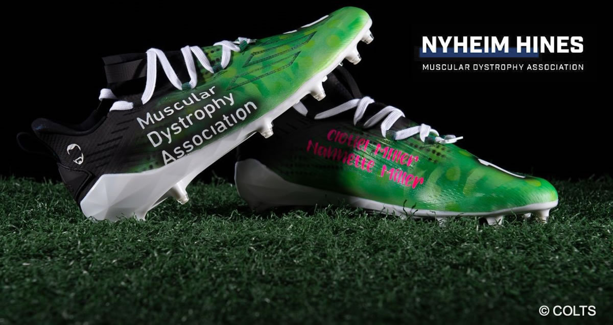 NFL's My Cause My Cleats charitable campaign features cleats raising awareness for Muscular Dystrophy Association by Nyheim Hines of the Indianapolis Colts (Instagram: @thenyny7).