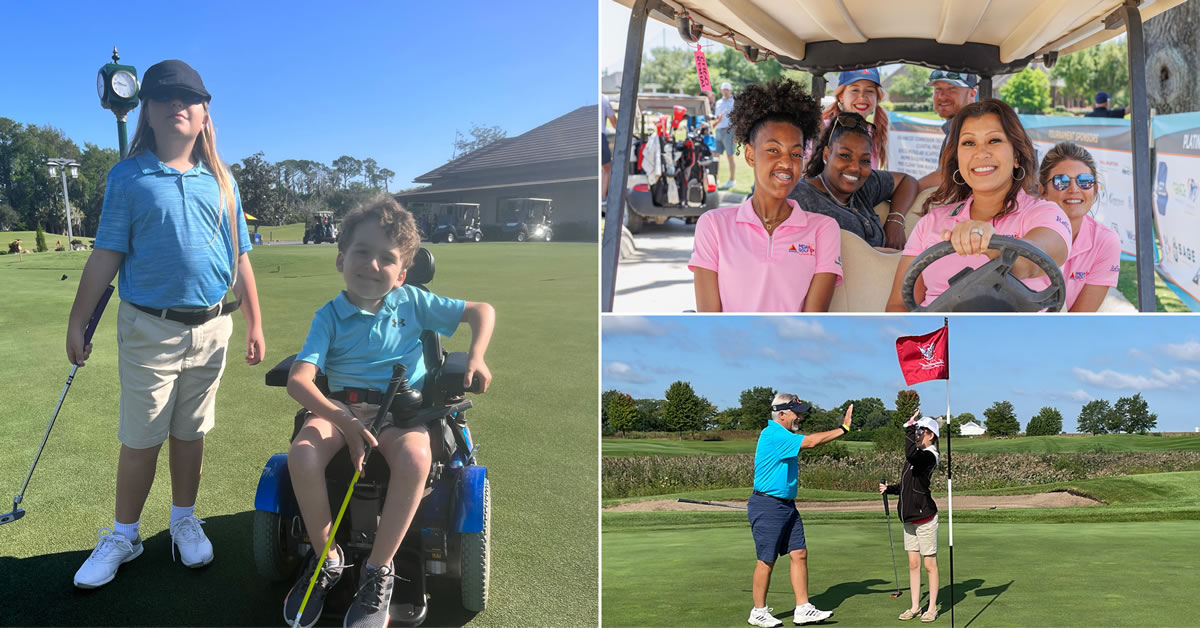 A collage of three images with adults and kids playing golf.
