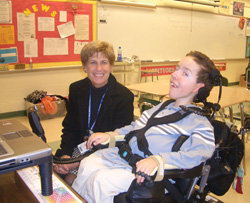 Jack Freedman, 12, of West Chester, Pa., (pictured with math teacher Christine Bunting) has an IEP packed with detailed pages providing for special services, including assistive technology, occupational and physical therapy, and speech and language therapy services. In addition to using his laptop during school, it’s also written into Jack’s IEP that he be allowed to transport the computer between school and home to complete homework assignments and other projects.