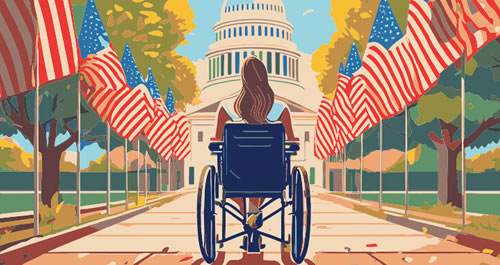 Image of a woman in a wheelchair in the middle of the path to the capital building.