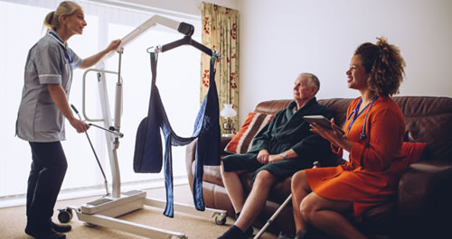 Picture of a woman demonstrating a Hoyer Lift