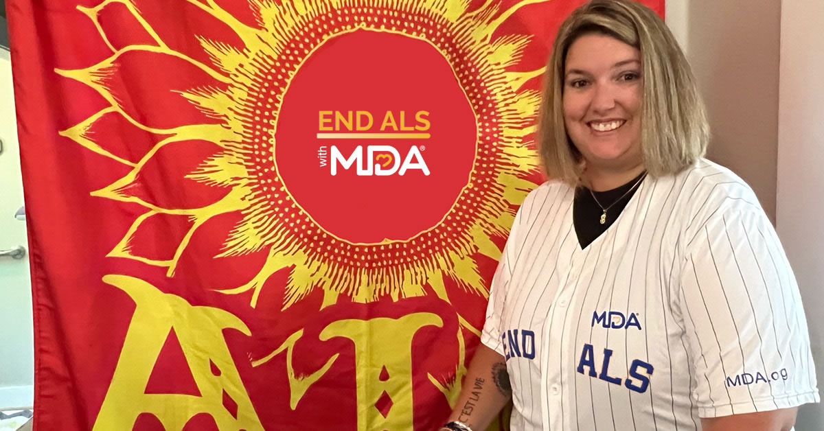 Sunny Brous, patient and advocate living with ALS is pictured wearing the End ALS jersey by MDA.