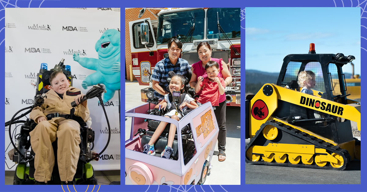 Montage of images. Boy in a ghostbusters costume. A family in from of a firetruck. A little child sitting in the cabin of heavy machinery.