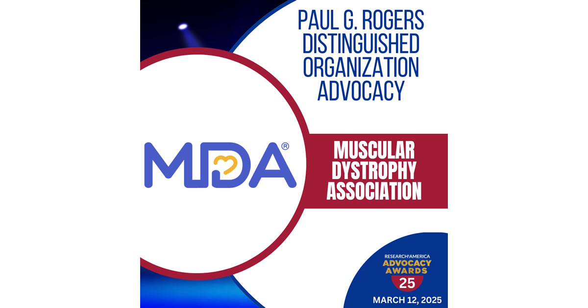 MDA logo. Research! America Advocacy Awards logo.